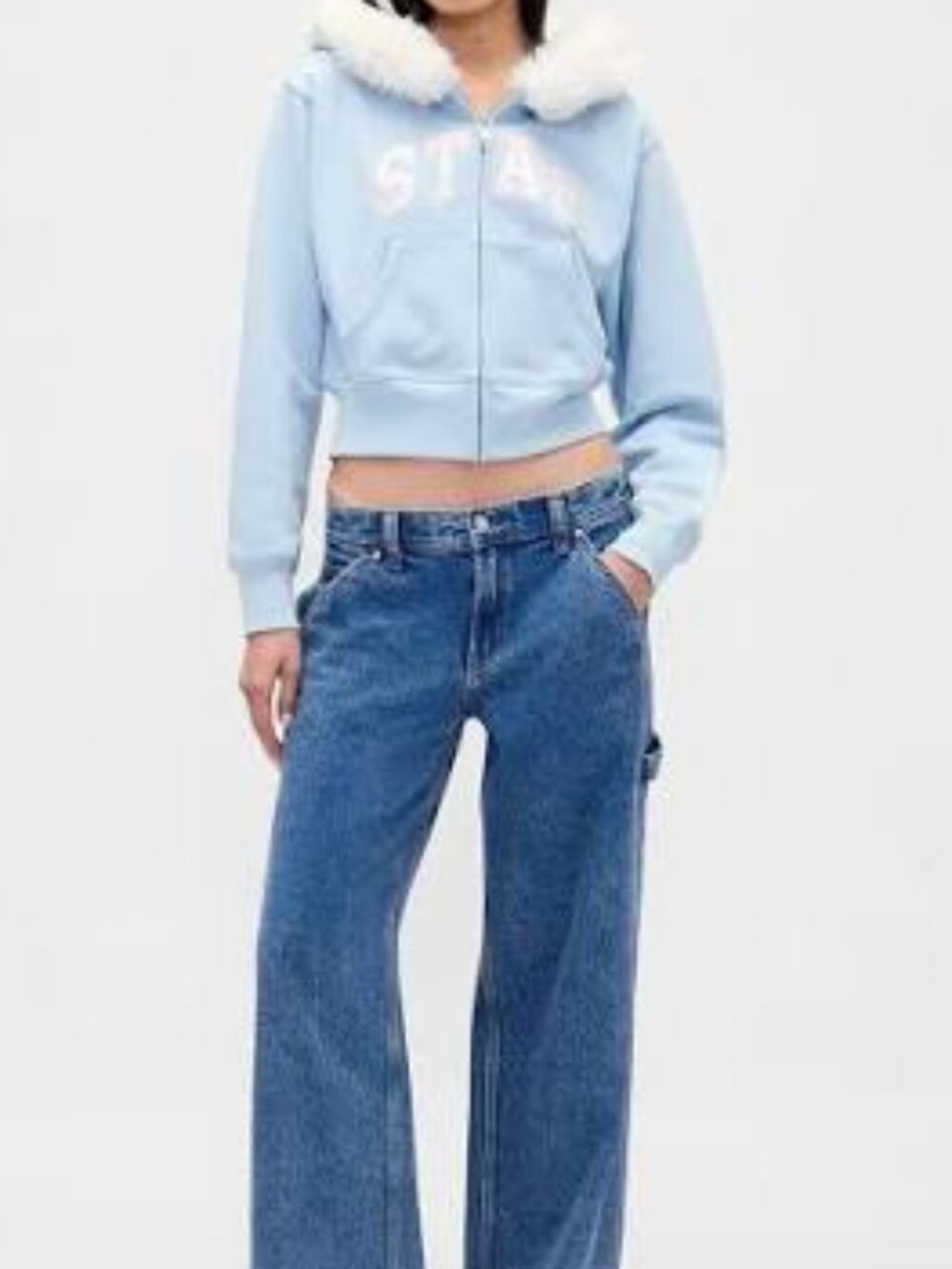 Gap Blue Faux Fur Trim Star Zip Up Hoodie Size S NWT